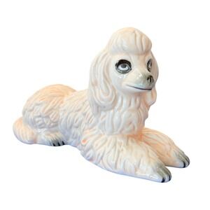 Vintage White Poodle Figurine Ceramic Reclining Glossy Dog Taiwan w dark eye